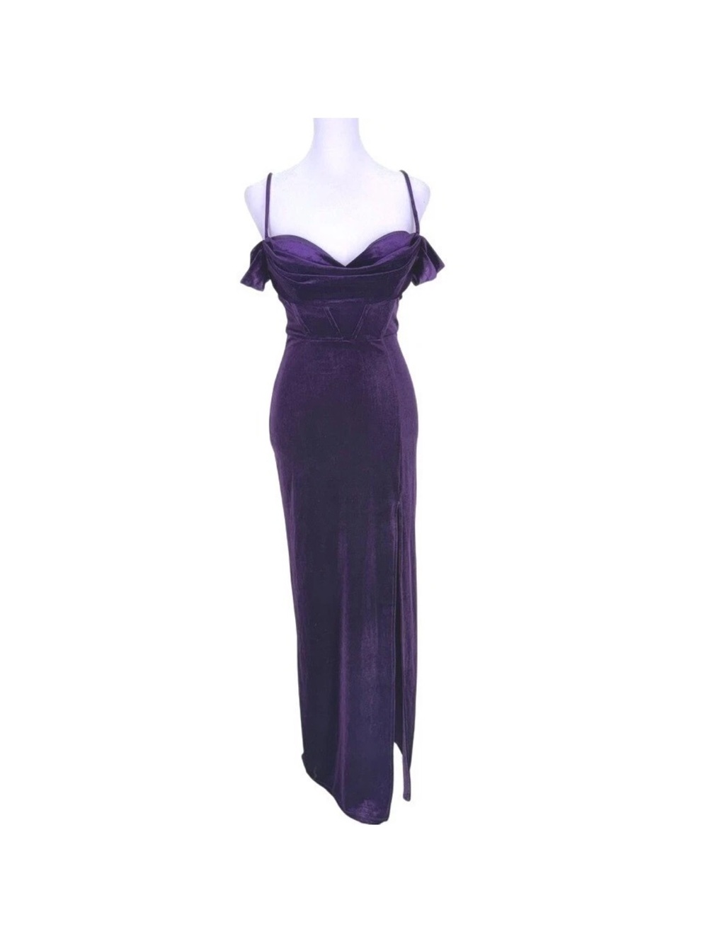 B. Smart Purple Velvet Off-Shoulder Spaghetti Strap Gown